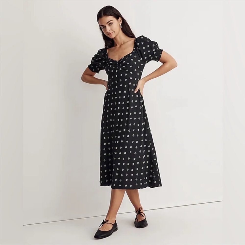 Madewell Sweetheart Puff-Sleeve Midi Dress in Stardot